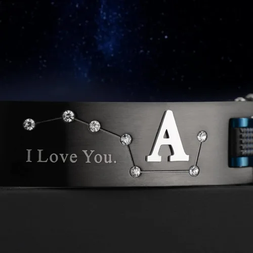 Miniatura 6 de Pulsera Zillaly para hombre, de acero inoxidable ion negro y azul, placa curva inicial, regalo para novio, marido, padre, viene con caja de regalo