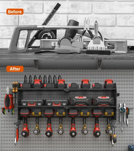 Miniatura 5 de JUNNUJ Organizador de herramientas eléctricas grande con tablero de clavijas y estación de carga, soporte de pared con 8 tomas de corriente