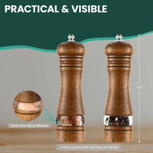 Miniatura 3 de Juego de Molinillo de Sal y Pimienta de 2 Piezas, Molinillos de Sal y Pimienta de Madera de 6.5 Pulgadas con Grosor Ajustable, Molinillo de Pimienta