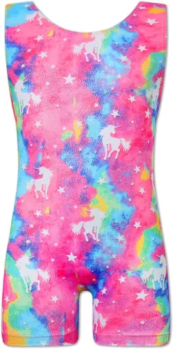 TENVDA Leotardos de gimnasia para niñas de 2 a 12 años de edad, brillante, multicolor, mallas con pantalón ciclista, unitardo