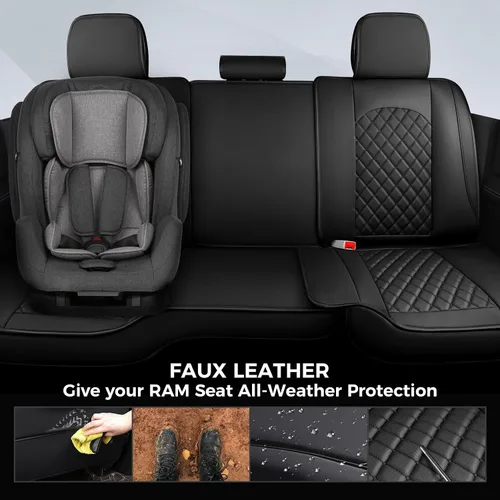 Miniatura 4 de FREESOO Juego completo de fundas de asiento de automóvil para Dodge Ram 2002-2018 1500 y 2011-2026 2500 3500 Crew Quad Cab, 2019-2024 Ram 1500 Negro