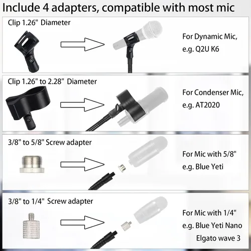 Miniatura 5 de Soporte para micrófono, cuello de cisne, para cantar, altura ajustable de 36 a 66 pulgadas, con base resistente para Samson Q2U Fifine AM8 Blue Yeti