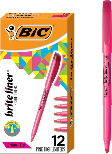 BIC Brite Liner - Resaltadores, punta de cincel, paquete de 12 resaltadores rosados, juego de resaltadores ideal para organizar y colorear