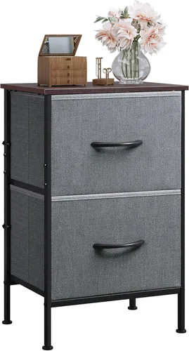 Miniatura 13 de WLIVE Mesita de noche negra, cómoda pequeña con 2 cajones y superficie de madera, mesita de noche con cestas de tela, mesa de cabecera mesa auxiliar