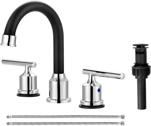Miniatura 14 de WOWOW Grifo de baño de 2 manijas de bronce aceitado grifo de lavabo de baño de 3 agujeros con drenaje emergente y mangueras de suministro grifo
