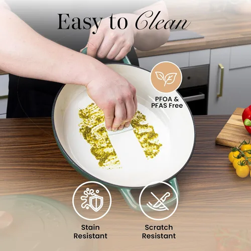 Miniatura 5 de Cazuela de hierro fundido poco profunda con tapa, olla antiadherente para horno holandés, apta para horno hasta 500 ° F, utensilios de cocina