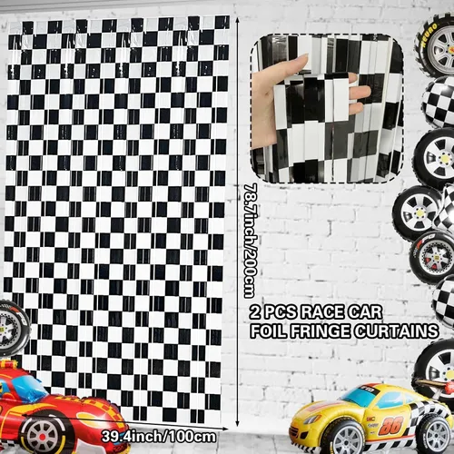 Miniatura 2 de Paquete de 2 telones de fondo de auto de carreras, decoraciones de fiesta de cumpleaños de autos de carreras, fondo a cuadros en blanco y negro