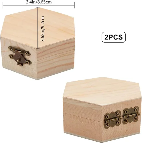Miniatura 2 de GORGECRAFT 2 cajas de madera sin terminar hexagonal, caja de almacenamiento de madera con tapa con bisagras y cierre frontal para bricolaje, Caja