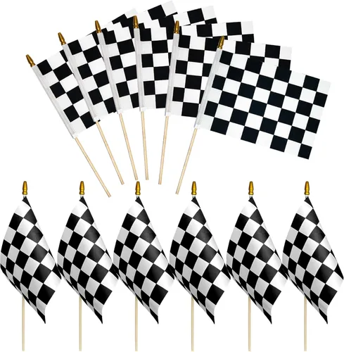 Paquete de 12 banderas de carreras a cuadros en blanco y negro de 8 x 12 pulgadas en palo, mini bandera de mano con parte superior de lanza segura