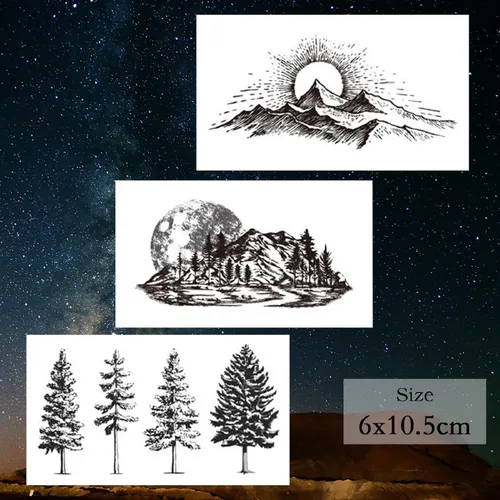 Miniatura 4 de 22 hojas de pegatinas de tatuajes temporales de montaña, incluidos tatuajes falsos impermeables, formas geométricas negras, con forma de sol