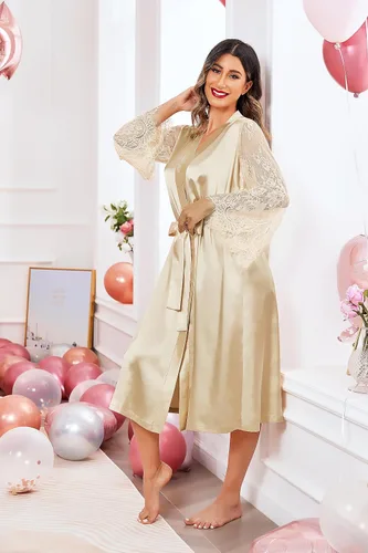 Miniatura 2 de Avidlove Bata tipo kimono de encaje floral para mujer, de manga larga, bata de baño, bata de novia