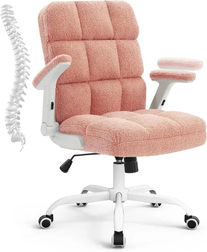 SEATZONE Silla de oficina rosa ergonómica con ruedas, silla de escritorio para computadora de felpa sintética, silla de oficina cómoda para mujeres