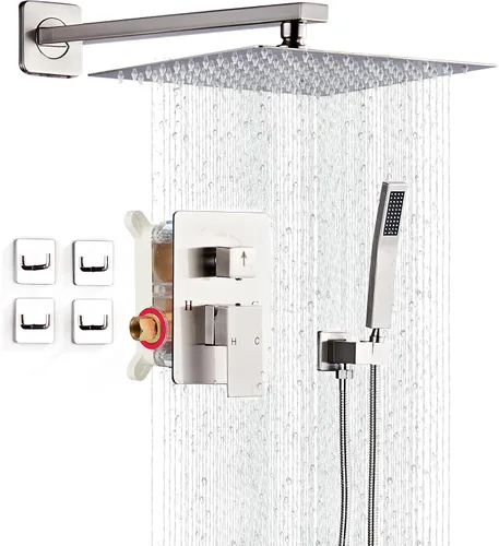 Miniatura 11 de Juego de grifo de ducha con boquilla de bañera, sistema de ducha de lluvia de níquel cepillado completo montado en la pared para baño con cabezal