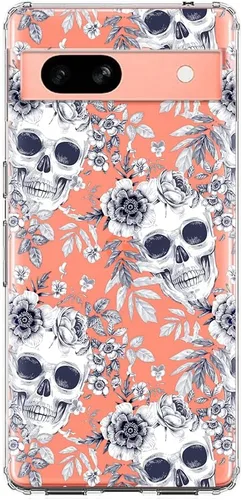 Miniatura 3 de Blingy's Funda para Google Pixel 7a, divertido diseño de calavera floral, diseño retro vintage, transparente, suave TPU (6.1 pulgadas)