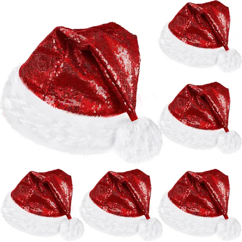 Miniatura 9 de SATINIOR 2 piezas de sombrero de Papá Noel de lentejuelas para adultos, unisex, gorro de Navidad con forro y ala de felpa para mujeres y hombres