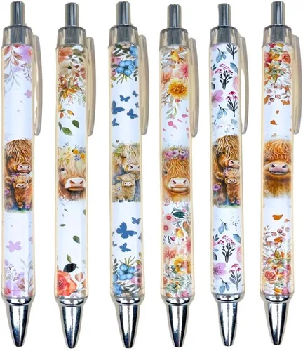 YJ PREMIUMS Juego de 6 Bolígrafos de Vaca Highland | Bolígrafos con Estampado de Vaca Kawaii Lindos Suministros Accesorios Artículos de Papelería