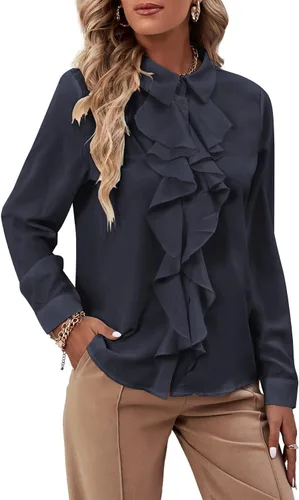 Miniatura 11 de LYANER - Blusa de manga larga con cuello de botón y volantes en la parte delantera para mujer
