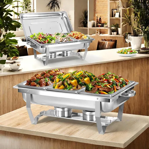 Miniatura 9 de Juego de 2 Platos de Roce de 8 Qt para Buffet, Juego de Chafer para Catering de Acero Inoxidable de Tamaño Completo Dorado, Rectangular