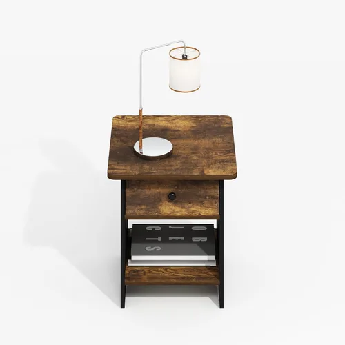 Miniatura 4 de Furinno Mesa auxiliar moderna, mesa auxiliar cuadrada con compartimento de almacenamiento, mesita de noche de esquina redonda, mesita de noche