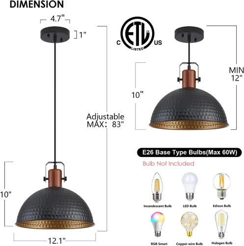 Miniatura 2 de Luces Colgantes Negras de 12 Pulgadas Martilladas Mate Luces Colgantes para Isla de Cocina Industrial Granja Altura Ajustable Luminarias Colgantes