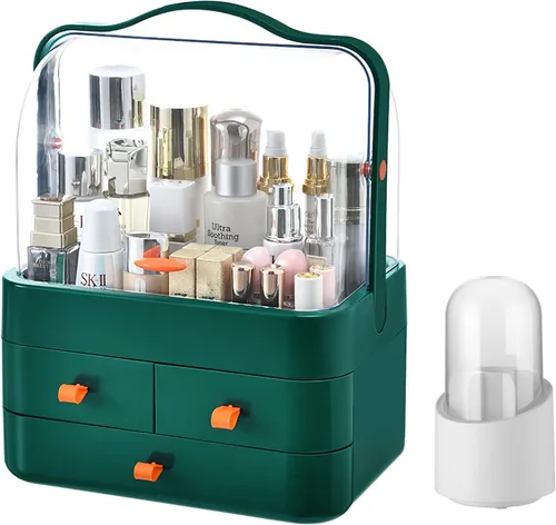 Organizador de maquillaje grande con soporte para pinceles, organizador de cuidado de la piel impermeable y a prueba de polvo con tapa y cajones,