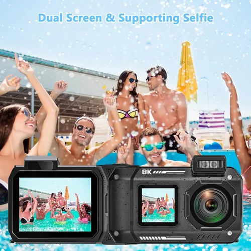 Miniatura 4 de Cámara Digital Impermeable 8K para Esnórquel: 70MP 33FT Cámara Subacuática Compacta Resistente HD de Doble Pantalla con Zoom de 18X Selfie, Tarjeta