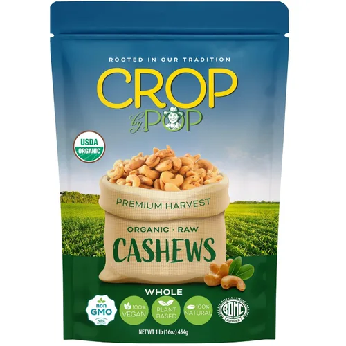 CROP BY POP - Anacardos enteros crudos orgánicos, sin sal, sin cáscara, (16 onzas - 1 libra) empaquetados frescos en bolsa resellable - USDA