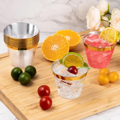 Miniatura 5 de Goodluck 100 vasos de plástico dorados de 9 onzas para fiestas, vasos desechables con borde dorado, vasos de cóctel de plástico para bodas, Acción