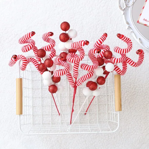 Miniatura 7 de 6 piezas de adornos para árbol de Navidad, varillas de lana rojas y blancas con lentejuelas y esferas colgantes para árbol de Navidad, adornos