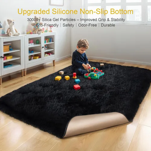 Miniatura 4 de KICHOWUA - Tapete grueso y esponjoso de 3 x 5 pies, color negro, ultrasuave, lavable, antideslizante, acogedor y peludo, para sala, dormitorio