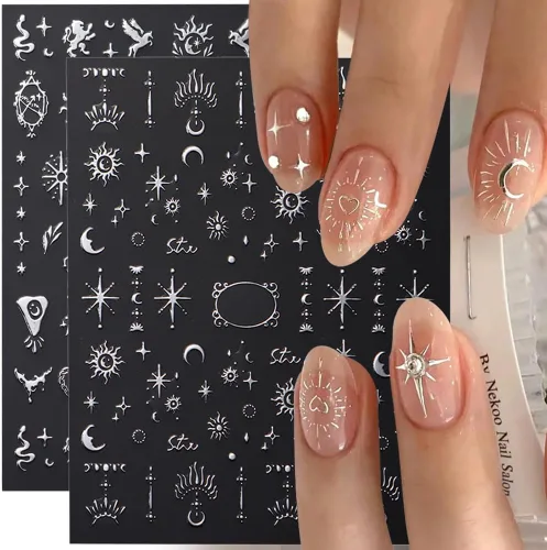 Miniatura 6 de Calcomanías de uñas metálicas plateadas 3D – Calcomanías de uñas para mujer, diseño de estrellas, luna y sol, decoración de mariposas y bohemio