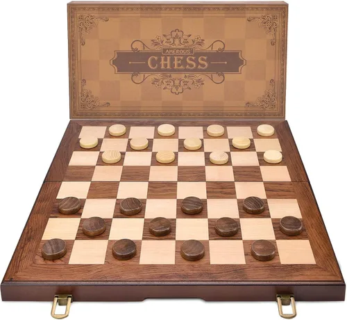 Miniatura 7 de AMEROUS Juego de ajedrez y damas de madera con piezas de ajedrez ponderadas mejoradas, juegos de mesa de ajedrez de 15 pulgadas (2 en 1) para niños