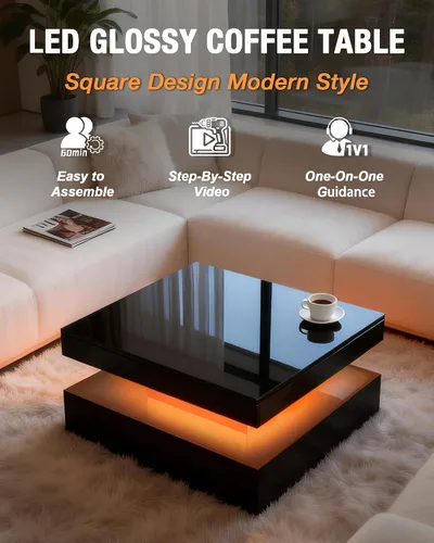 Miniatura 3 de FKWin Mesas de centro negras para sala de estar, mesa de centro LED con luces, moderna mesa de centro negra con superficie de alto brillo, mesa