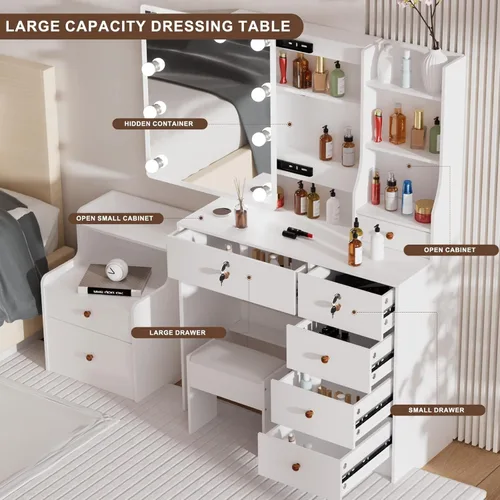 Miniatura 6 de Espejo de tocador con luces, escritorio y silla, 5 cajones y gabinete, mesa de maquillaje con espejo grande HD, 3 modos de iluminación, mesa