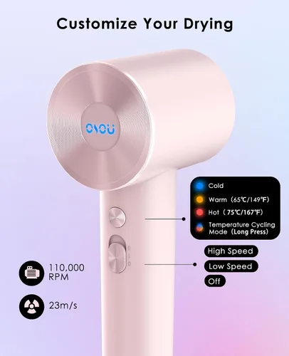 Miniatura 5 de OSOU Secador de pelo de viaje, secador de pelo iónico negativo, secadora de alta velocidad con motor sin escobillas de 110, 000 RPM, ultraligero