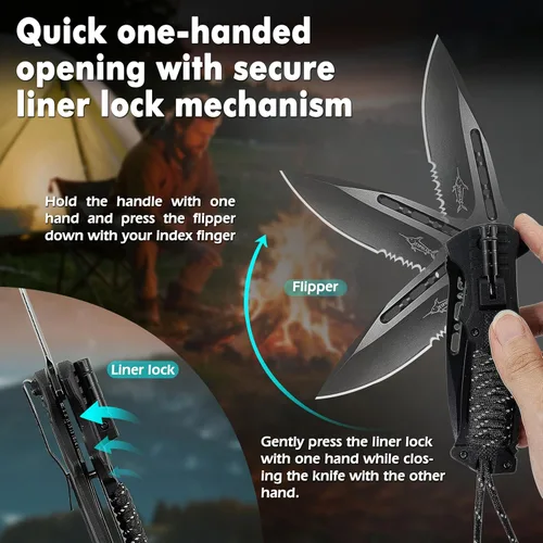 Miniatura 6 de XIPHIAS Cuchillo plegable de supervivencia - Multiherramienta de acero inoxidable con luz LED, iniciador de fuego, silbato y paracord, clip