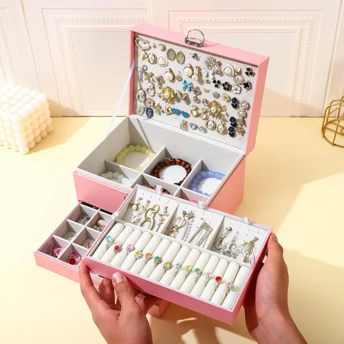Miniatura 3 de BOOVO Joyero de aretes para mujeres y niñas, organizador de tachuelas, caja organizadora de joyas de 5 capas con candado, organizador de aretes