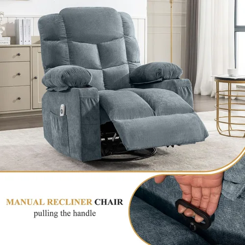 Miniatura 2 de MAHOMICO Swivel Rocker Recliner Chair with Vibration Massage and Heat for Living Room,with Rocking Function and Side Pocket, USB Charge Port,2 Cup