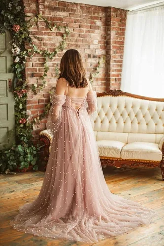 Miniatura 4 de yinyyinhs Vestido de maternidad de tul con perlas para sesión de fotos, manga larga hinchada, hombros descubiertos, vestido de maternidad para baby