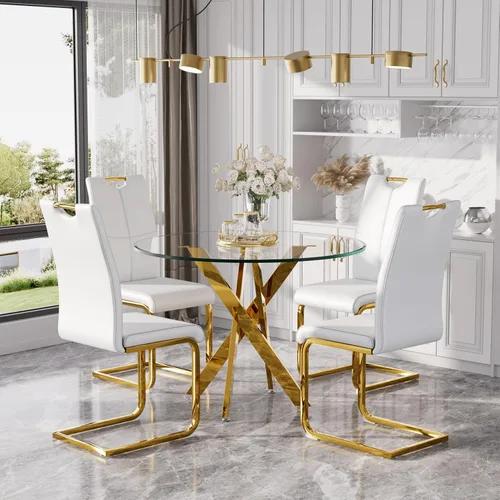 Miniatura 37 de Juego de mesa de comedor redonda moderna de vidrio de 36 pulgadas para 2, mesa de comedor de vidrio con patas cruzadas de metal, mesa de cocina