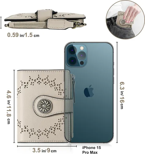 Miniatura 6 de Tipmile - Cartera pequeña para mujer, cartera de cuero con bloqueo RFID, plegable con bolsillo para monedas y con cremallera, Beige, Casual