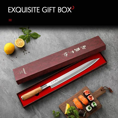 Miniatura 8 de HEZHEN Cuchillo Sashimi de 11.811 in, cuchillo de yanagiba de acero forjado, rebanado de sushi, estuche de cuchillo de mango de madera