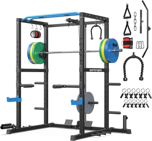 Miniatura 18 de Sportsroyals Jaula de Potencia, Rack de Potencia Multifuncional de 1600 libras con Sistema de Cruce de Cable Ajustable y Más Accesorios de Azul