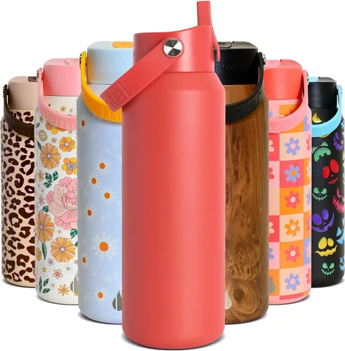 Miniatura 50 de Elemental Botella de agua aislada de 24 onzas con popote, botellas de agua con núcleo de acero inoxidable 100% a prueba de fugas para viajes, Beige