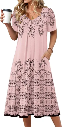 Miniatura 15 de Zeagoo Vestido de verano para mujer, casual, floral, midi, con bolsillos, cuello en V, plisado, manga corta, estilo alineado, para vacaciones