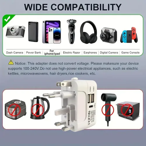 Miniatura 3 de Adaptador de viaje con USB, universal todo en uno, adaptador de viaje en todo el mundo, convertidores de corriente, cargador de pared, adaptador