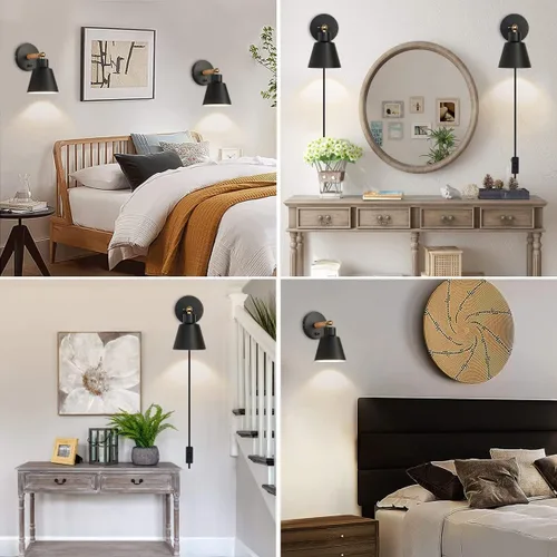 Miniatura 7 de ClanKin Juego de 2 apliques de pared enchufables, lámpara de pared para dormitorio industrial, lámpara de pared para baño, pasillo, sala de estar