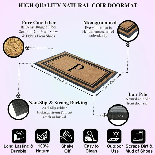 Miniatura 6 de A1 Home Collections Felpudo con monograma de fibra de coco natural y goma, resistente y antidesprendimiento, tapete de entrada grueso y duradero, P