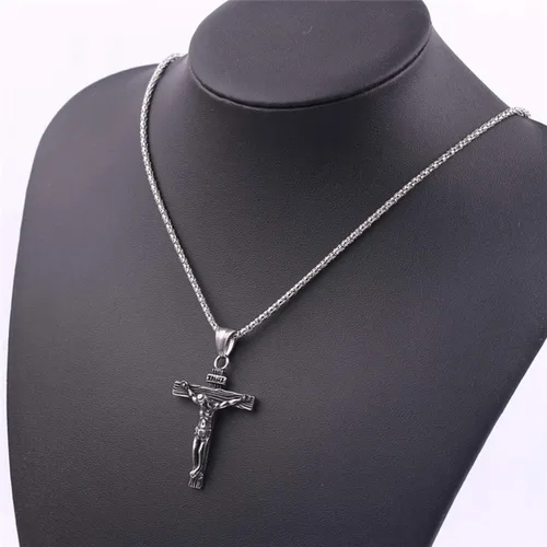 Miniatura 5 de Axmerdal Collar de cruz de acero inoxidable con crucifijo de Jesucristo cruz de oración del Señor para hombres y mujeres cadena de caja de 24 iNCH