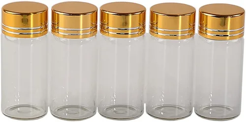 24 botellas de cristal de 0.3 onzas líquidas con tapas de rosca de aluminio dorado, aceite esencial vacío, azafrán, píldora, polvo, frascos de
